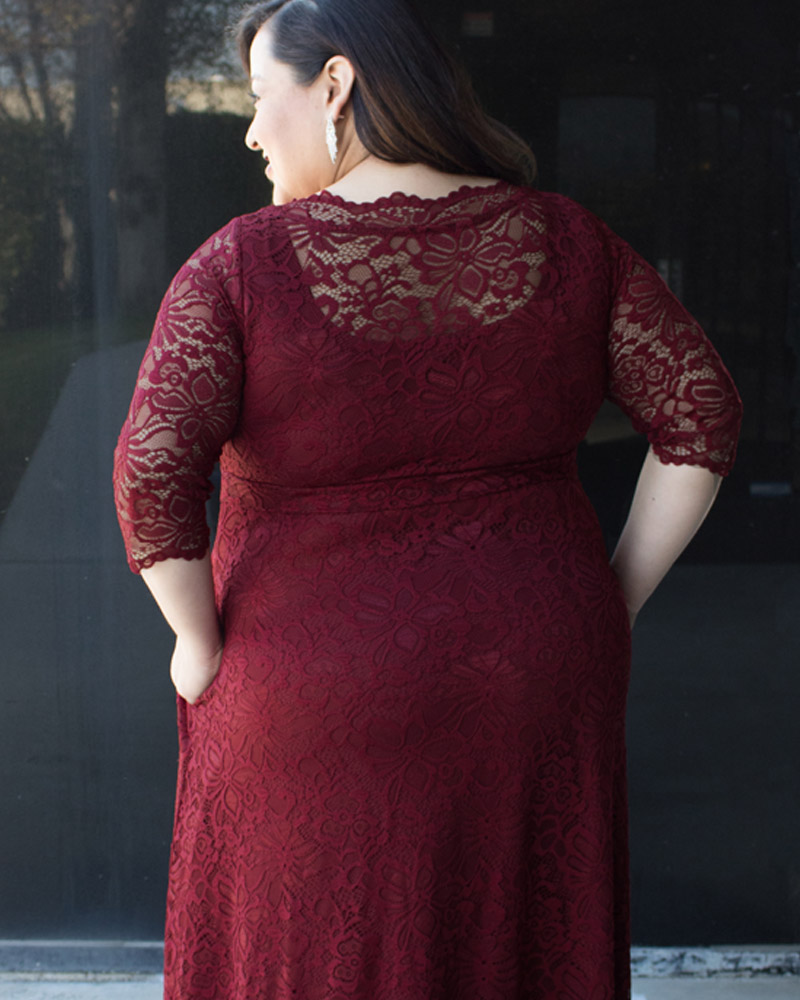 Eileen shows off the backside of the Leona lace gown 2x and can see the beautiful detail in the lace
